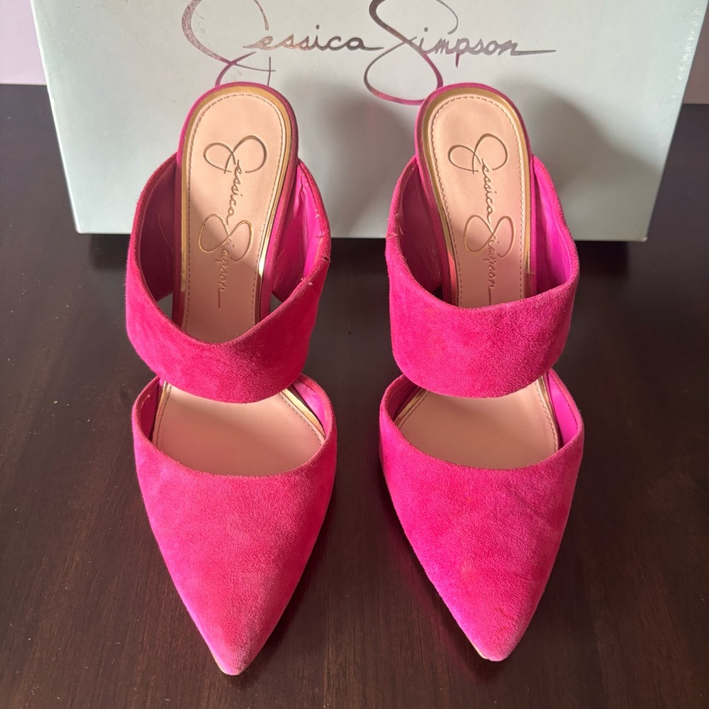 Jessica Simpson Suede Chandra Mules in Spring Magenta, Size 6.5